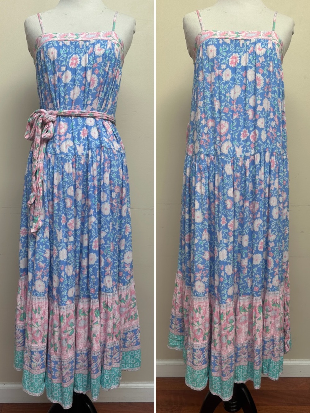 Billabong Floral Border Print Maxi Dress Blue Pink Size XS